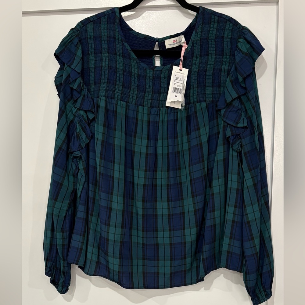 3X Vineyard Vines blue & green plaid top